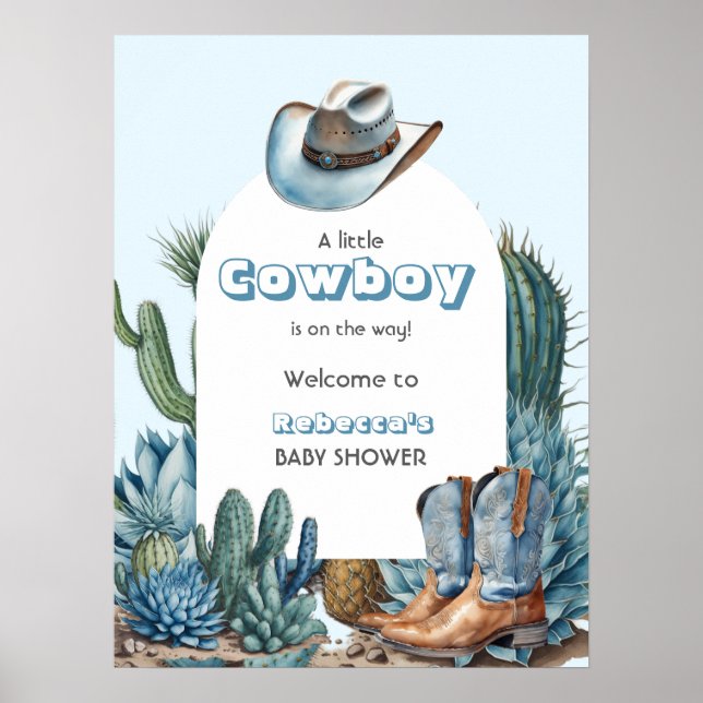 Western Blue Little Cowboy Rodeo Boy Baby Shower Poster (Front)