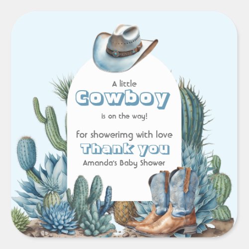 Western Blue Little Cowboy Rodeo Boy Baby Shower Square Sticker