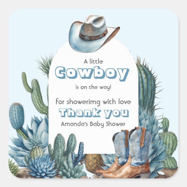 Western Blue Little Cowboy Rodeo Boy Baby Shower Square Sticker (Front)