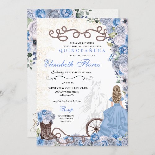 Western Blue Princess Floral Charra Quinceaera Invitation