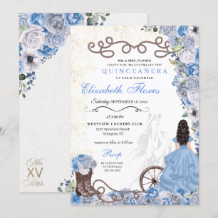 Western Blue Princess Floral Charra Quinceañera Invitation