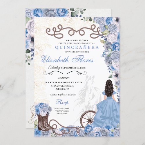 Western Blue Princess Floral Charra Quinceaera Invitation