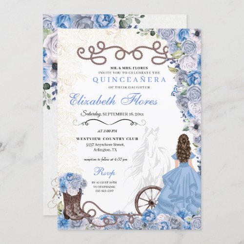 Western Blue Princess Floral Charra Quinceaera Invitation