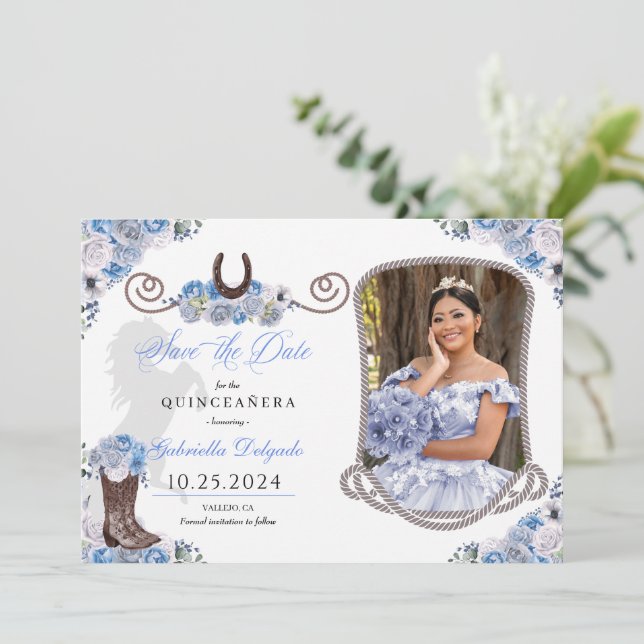 Western Blue Quinceañera Save The Date Photo Invitation (Standing Front)