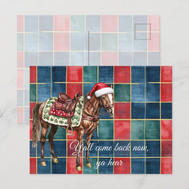 Western Blue Red Horse Merry Christmas Y'all Postcard (Front/Back)