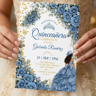 Western Blue Roses Golden Country Quinceañera Invitation