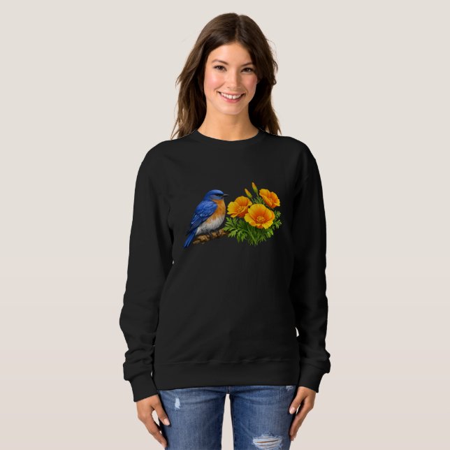 Western Bluebird with California Poppies  Sweatshirt (Front Full)