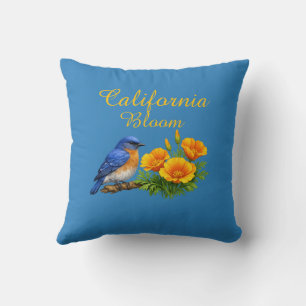 Western Bluebird with California Poppies Throw Pillow