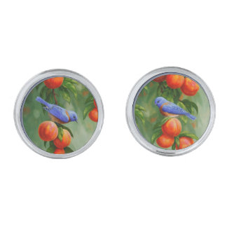 Western Bluebirds and Peach Tree Silver Cufflinks