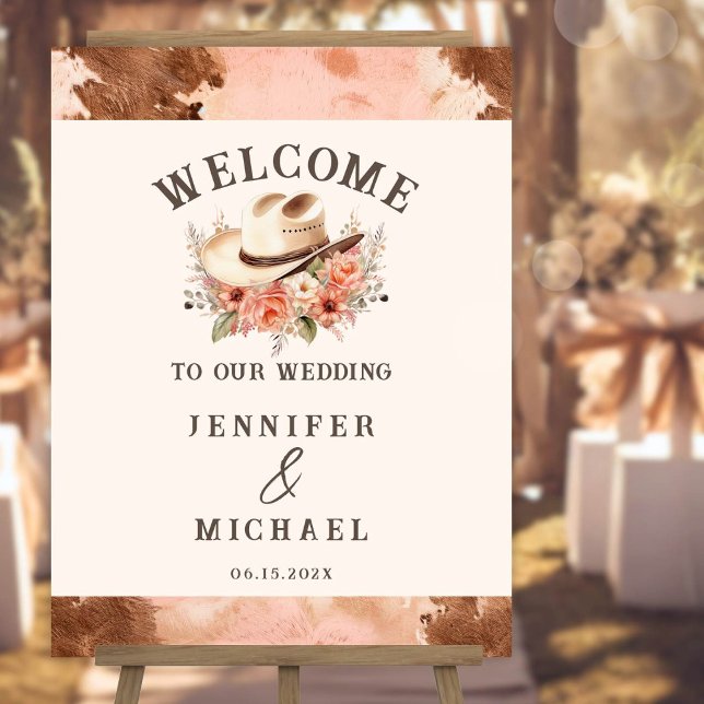 Western Blush Cowhide Wedding Welcome Sign (Creator Uploaded)