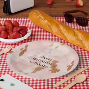Western Blush Pink Cream Faux Cowhide Birthday Paper Plates