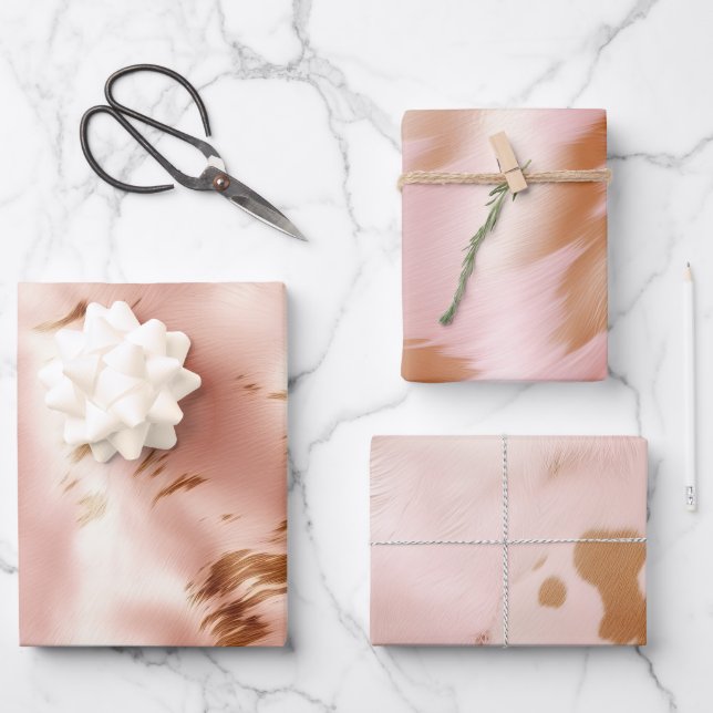 Western Blush Pink Faux Cowhide Birthday Wrapping Paper Sheets (Front)