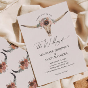 Western Bohemian Floral Cow Skull Wedding Invitation