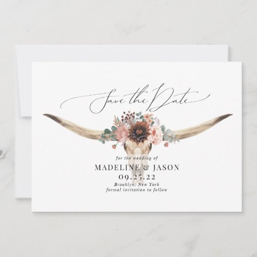 Western Bohemian Floral Cow Skull Wedding Save The Date