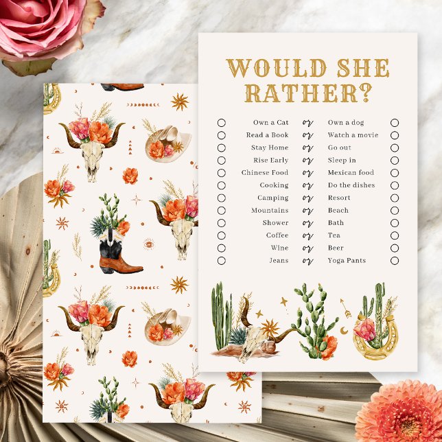 Western Boho Bridal Shower Game (Western Boho Bridal Shower Would She Rather? Game by Painted Paperie
)