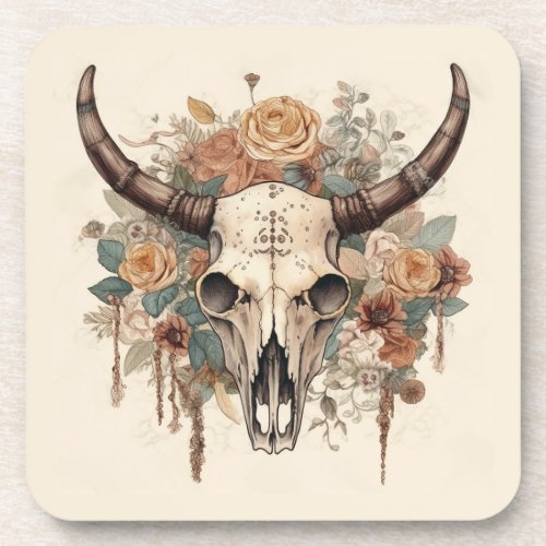 Western Boho Bull Skull Floral Beverage Coaster