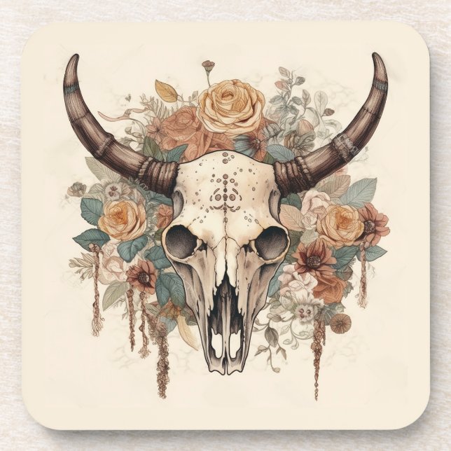 Western Boho Bull Skull Floral Beverage Coaster (Front)