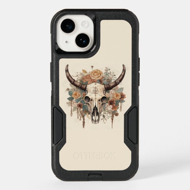 Western Boho Bull Skull Floral Otterbox iPhone Case (Back)