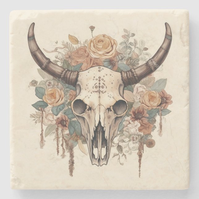 Western Boho Bull Skull Floral Stone Coaster (Front)