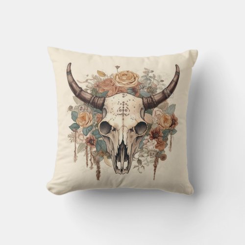 Western Boho Bull Skull Floral Throw Pillow