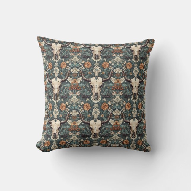 Western Boho Bull Skull Floral Throw Pillow (Front)