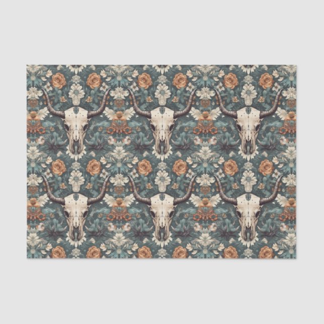 Western Boho Bull Skull Floral Tissue Paper (Front)