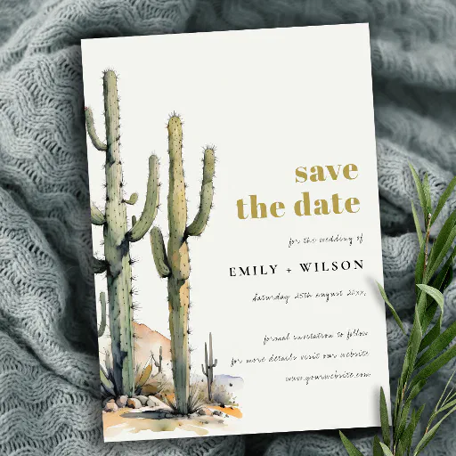 Western Boho Cacti Desert Watercolor Landscape Save The Date