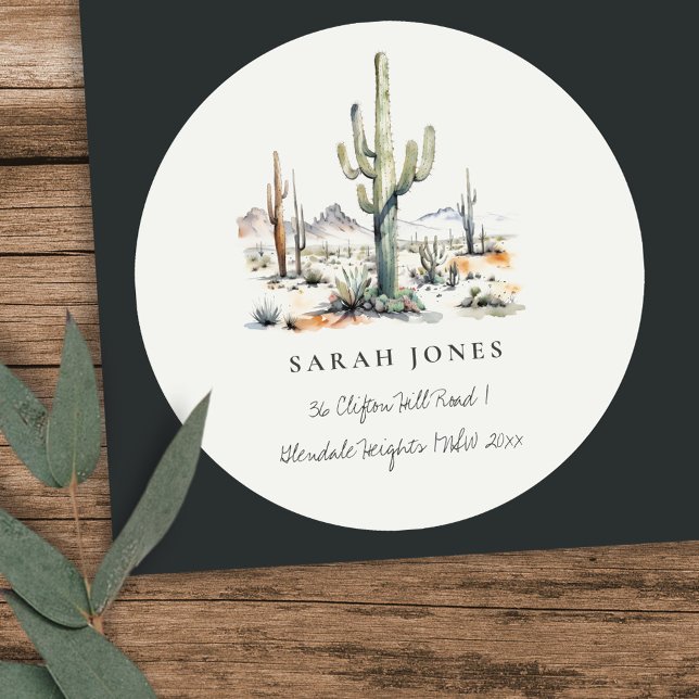 Western Boho Cactus Desert Landscape Address Classic Round Sticker (Creator Uploaded)
