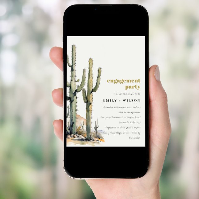 Western Boho Cactus Desert Landscape Engagement Invitation (Front Digital)