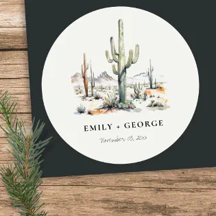 Western Boho Cactus Desert Landscape Wedding Classic Round Sticker Western Boho Cactus Desert Landscape Wedding Classic Round Sticker