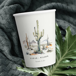 Western Boho Cactus Desert Landscape Wedding Paper Cups
