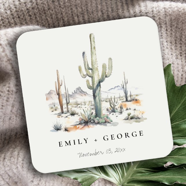 Western Boho Cactus Desert Landscape Wedding Square Paper Coaster (Creator Uploaded)