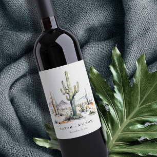 Western Boho Cactus Desert Landscape Wedding Wine Label