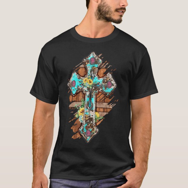 Western Boho Christian Turquoise Leopard Faith Cro T-Shirt (Front)