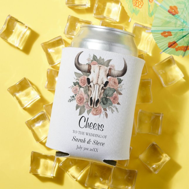 Western Boho Cow Floral Skull Sage Wedding Can Cooler (In Situ Summer)