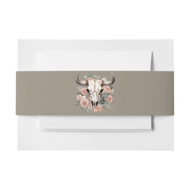 Western Boho Cow Floral Skull Sage Wedding Invitation Belly Band (Front Example)