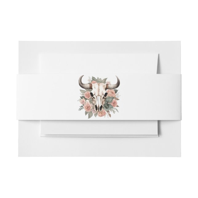Western Boho Cow Floral Skull Sage Wedding Invitation Belly Band (Front Example)