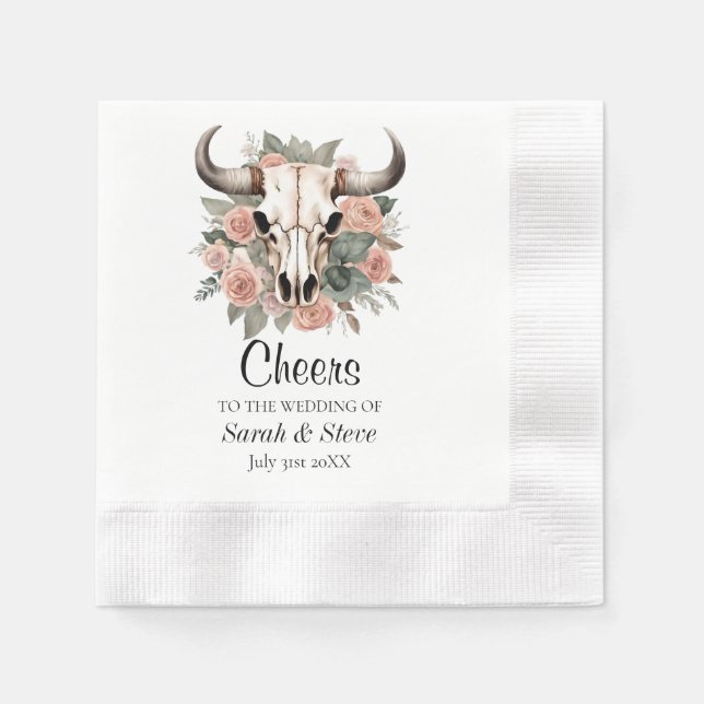 Western Boho Cow Floral Skull Sage Wedding Napkins (Front)