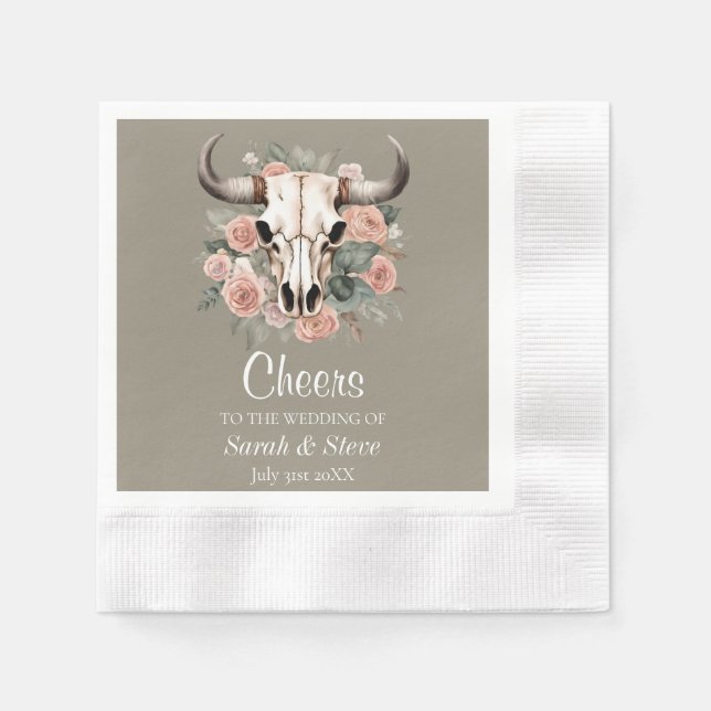 Western Boho Cow Floral Skull Sage Wedding Napkins (Front)