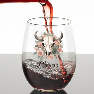 Western Boho Cow Floral Skull Sage Wedding Stemless Wine Glass