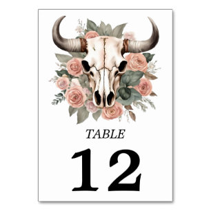 Western Boho Cow Floral Skull Sage Wedding Table Number