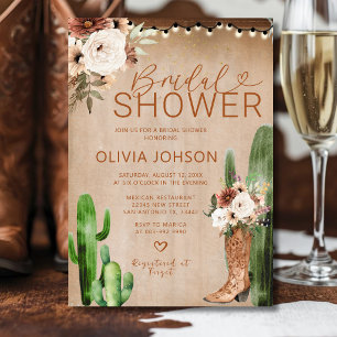 Western Boho Cowgirl Boots Cactus Bridal Shower Invitation