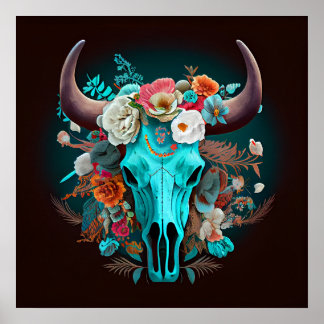 Western Boho Flowers Turquoise Cow Bull Skull Poster