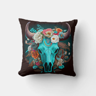 Western Boho Flowers Turquoise Cow Bull Skull Throw Pillow