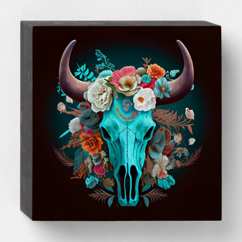 Western Boho Flowers Turquoise Cow Bull Skull  Wooden Box Sign