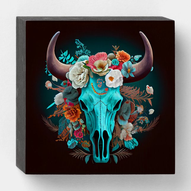 Western Boho Flowers Turquoise Cow Bull Skull  Wooden Box Sign (Front Horizontal)