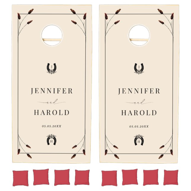 Western Boho Horseshoe Monogram Rustic Wedding Cornhole Set (Set)