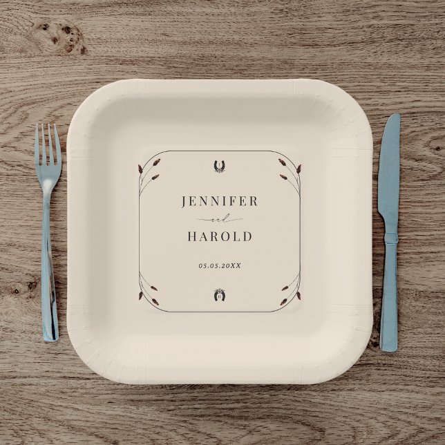 Western Boho Horseshoe Monogram Rustic Wedding Paper Plates (Creator Uploaded)