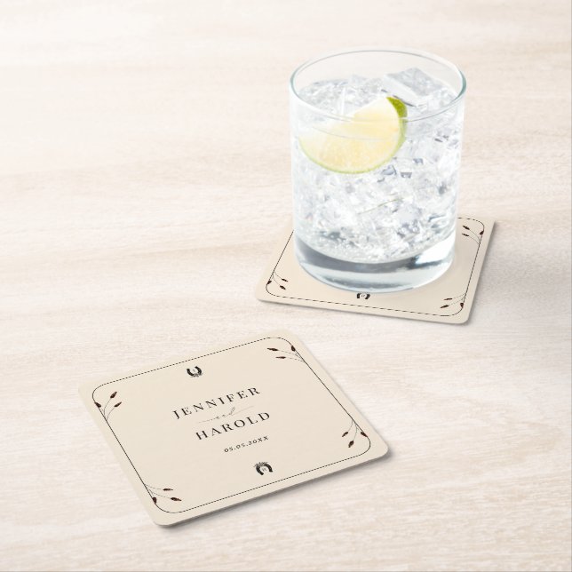 Western Boho Horseshoe Monogram Rustic Wedding Square Paper Coaster (Insitu)