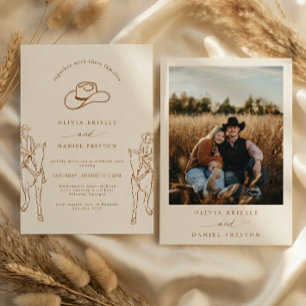 Western Boho Pampas Grass Cowboy Photo Wedding Invitation